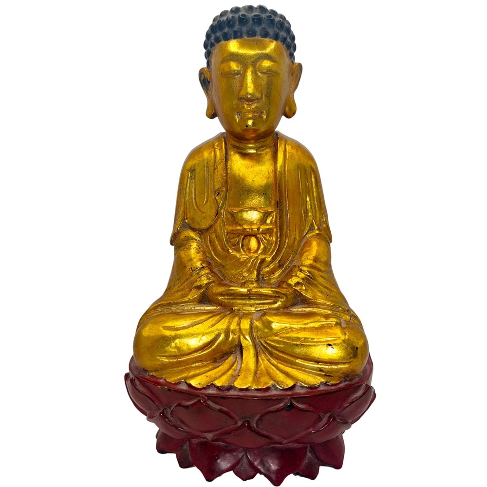 Vintage Gilt Wood Seated Buddha Statue Zen Lotus Base Meditation Decor Gold